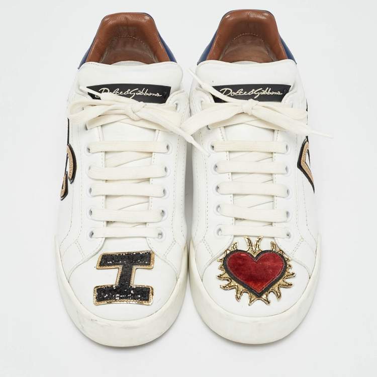 Pre Owned Dolce & Gabbana White Leather Portofino Sacred Heart Sneakers Size 35
