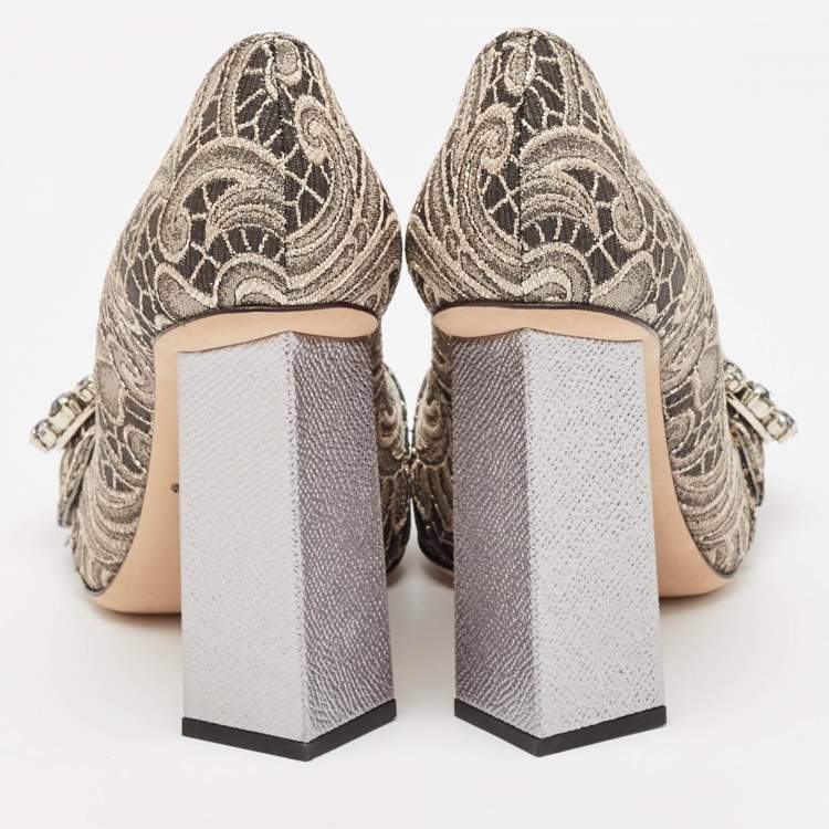 Pre Owned Dolce & Gabbana Silver/Beige Floral Jacquard Bellucci Pumps Size 37.5