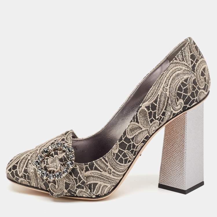 Pre Owned Dolce & Gabbana Silver/Beige Floral Jacquard Bellucci Pumps Size 37.5
