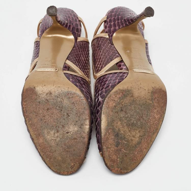Pre Owned Dolce & Gabbana Purple/Gold Leather and Python Leather Slingback Sandals Size 37.5