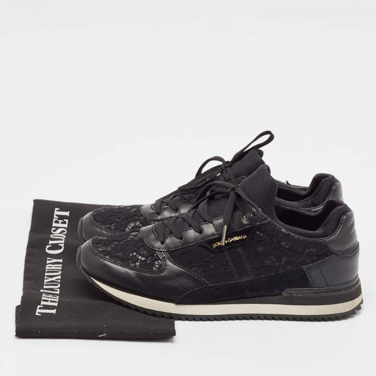 Pre Owned Dolce & Gabbana Black Lace and Leather Low Top Sneakers Size 39