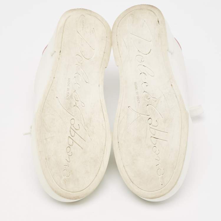 Pre Owned Dolce & Gabbana White/Pink Leather Portofino Pearl Embellished Low Top Sneakers Size 37