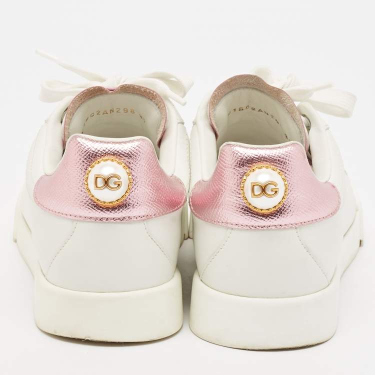 Pre Owned Dolce & Gabbana White/Pink Leather Portofino Pearl Embellished Low Top Sneakers Size 37