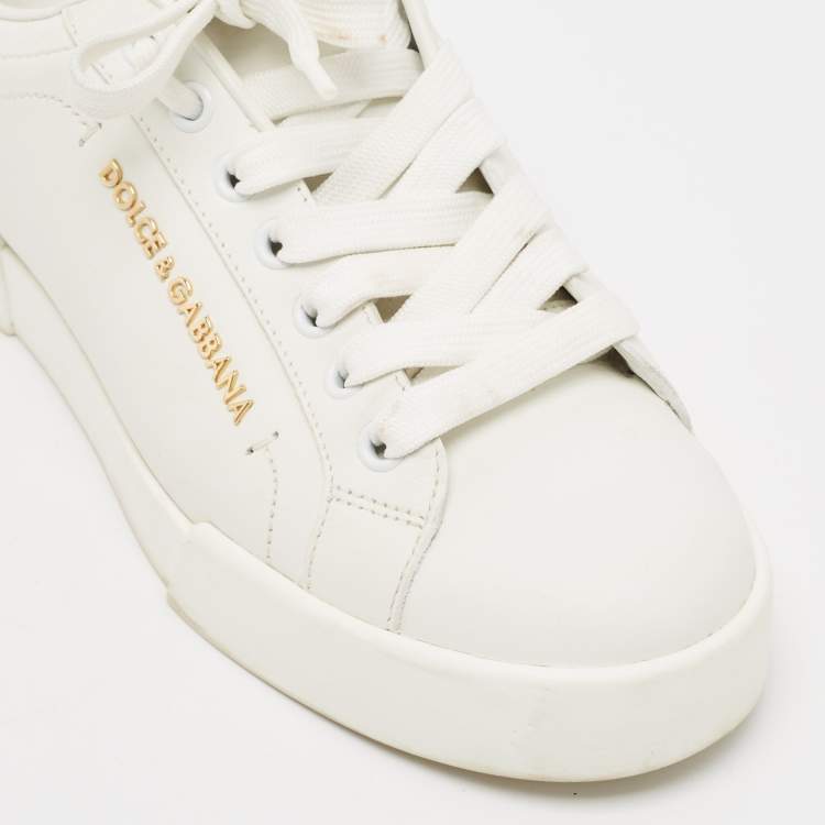 Pre Owned Dolce & Gabbana White/Pink Leather Portofino Pearl Embellished Low Top Sneakers Size 37