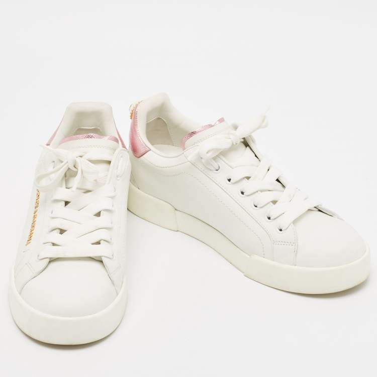 Pre Owned Dolce & Gabbana White/Pink Leather Portofino Pearl Embellished Low Top Sneakers Size 37