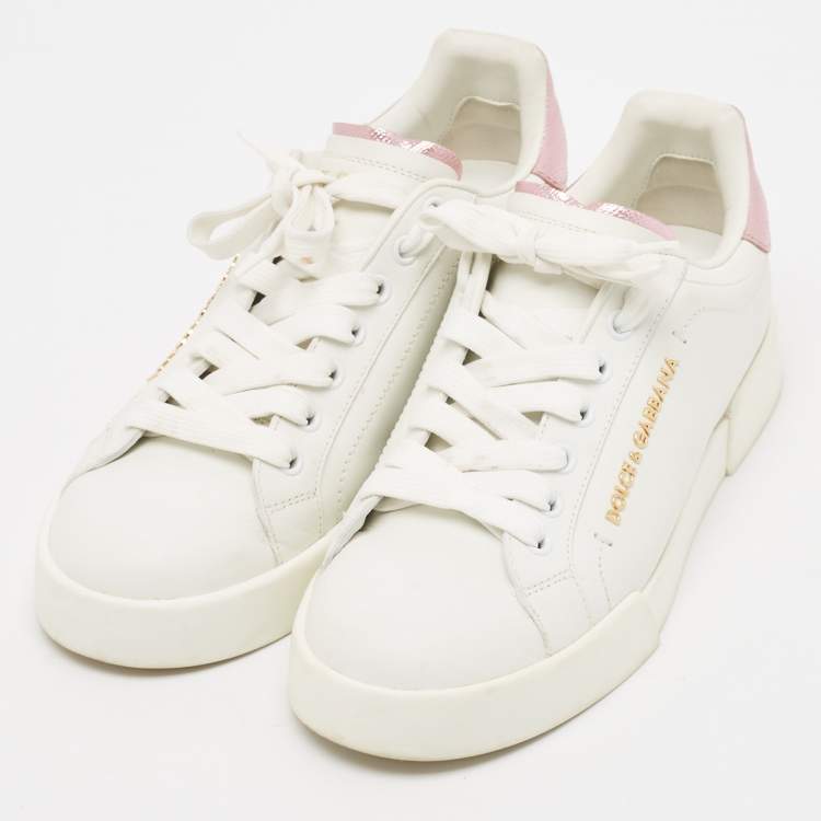 Pre Owned Dolce & Gabbana White/Pink Leather Portofino Pearl Embellished Low Top Sneakers Size 37