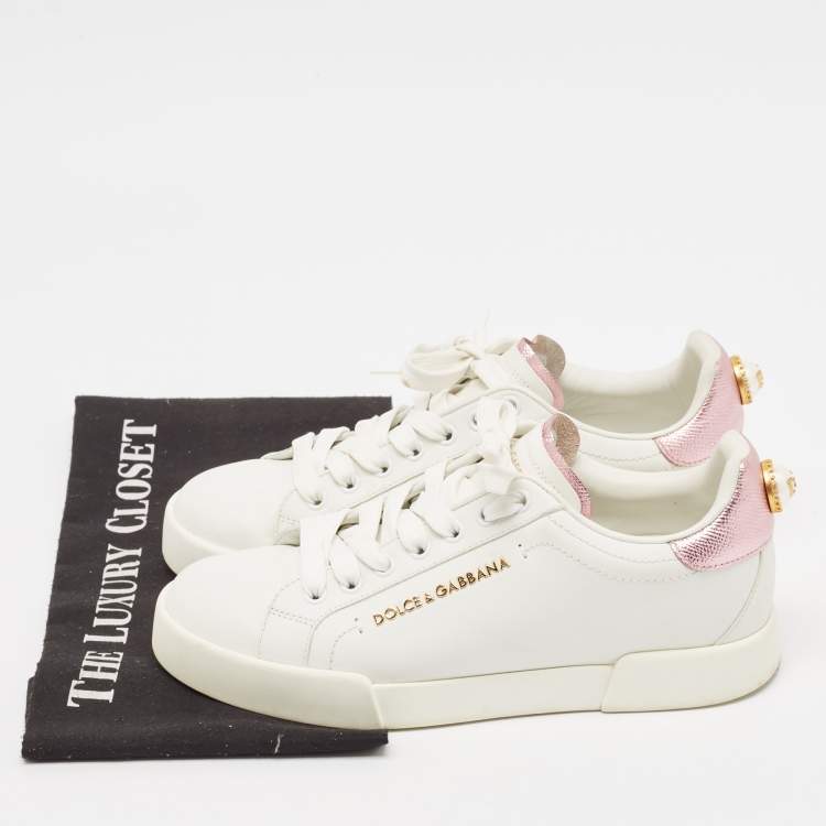 Pre Owned Dolce & Gabbana White/Pink Leather Portofino Pearl Embellished Low Top Sneakers Size 37