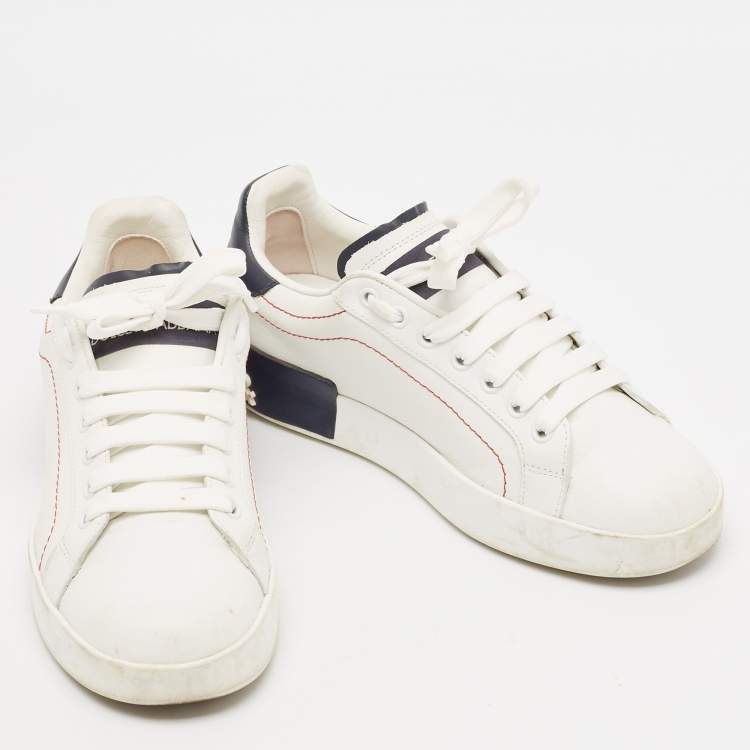 Pre Owned Dolce & Gabbana White/Navy Blue Leather Portofino Low Top Sneakers Size 37