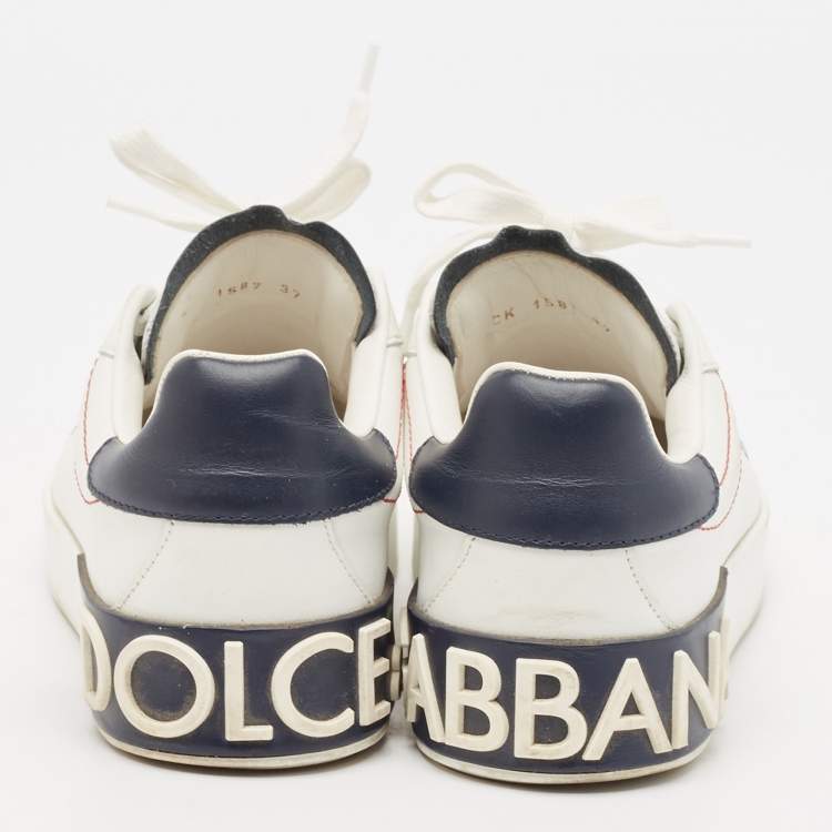 Pre Owned Dolce & Gabbana White/Navy Blue Leather Portofino Low Top Sneakers Size 37