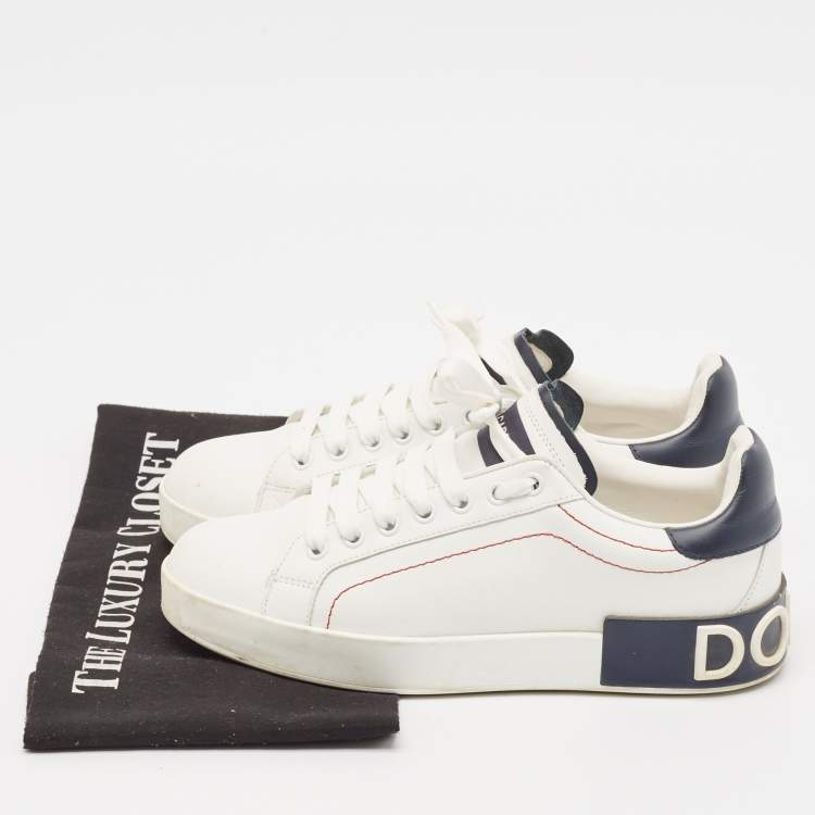 Pre Owned Dolce & Gabbana White/Navy Blue Leather Portofino Low Top Sneakers Size 37