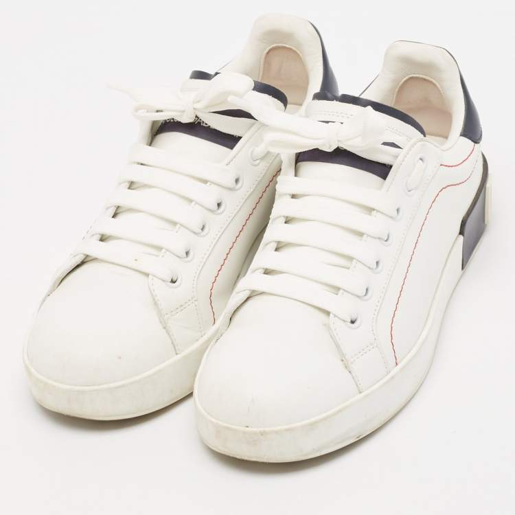 Pre Owned Dolce & Gabbana White/Navy Blue Leather Portofino Low Top Sneakers Size 37