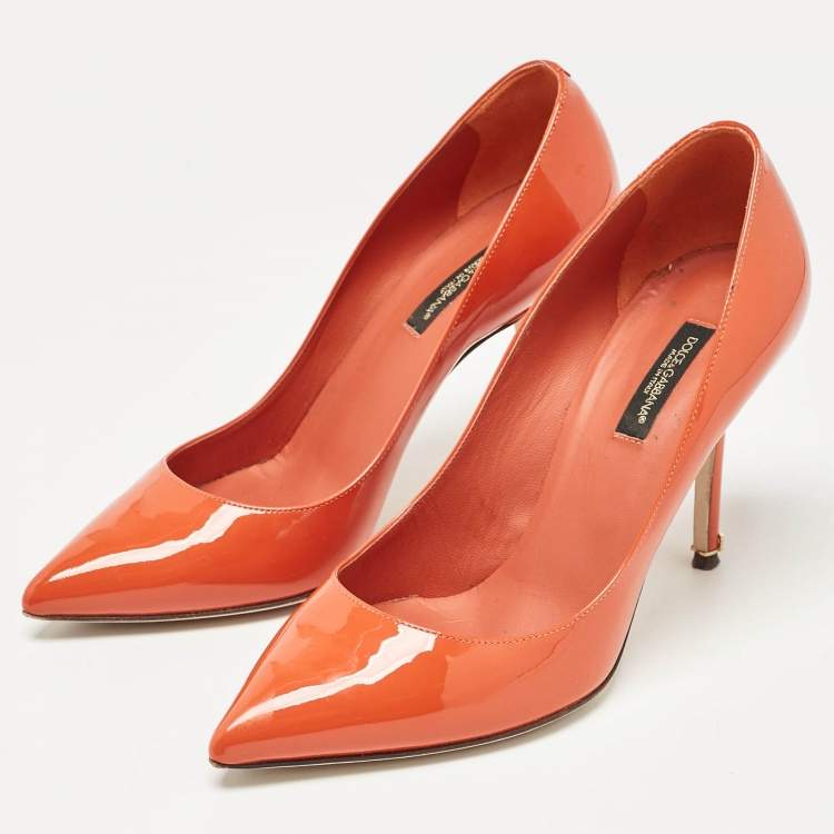 Pre Owned Dolce & Gabbana Orange Patent Leather Pointed Toe Pumps Size 36.5