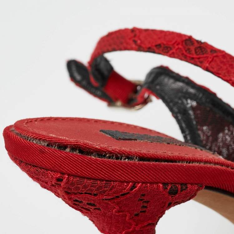 Pre Owned Dolce & Gabbana Red Lace and Mesh Crystal Embellished Slingback Pumps Size 37