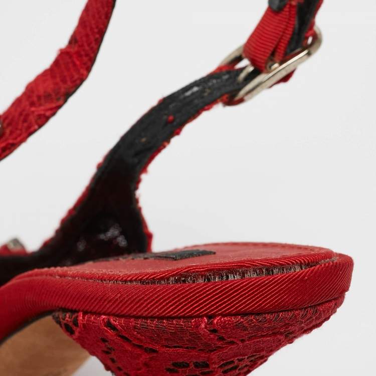 Pre Owned Dolce & Gabbana Red Lace and Mesh Crystal Embellished Slingback Pumps Size 37