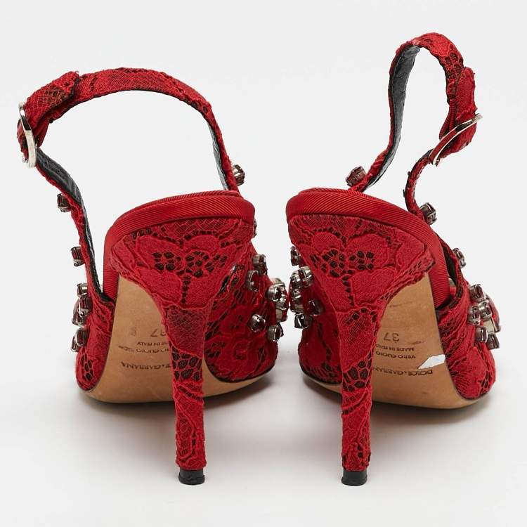Pre Owned Dolce & Gabbana Red Lace and Mesh Crystal Embellished Slingback Pumps Size 37