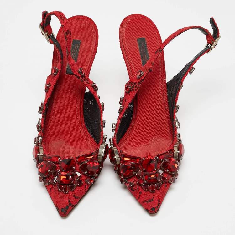 Pre Owned Dolce & Gabbana Red Lace and Mesh Crystal Embellished Slingback Pumps Size 37
