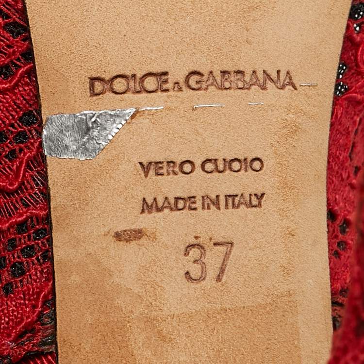 Pre Owned Dolce & Gabbana Red Lace and Mesh Crystal Embellished Slingback Pumps Size 37