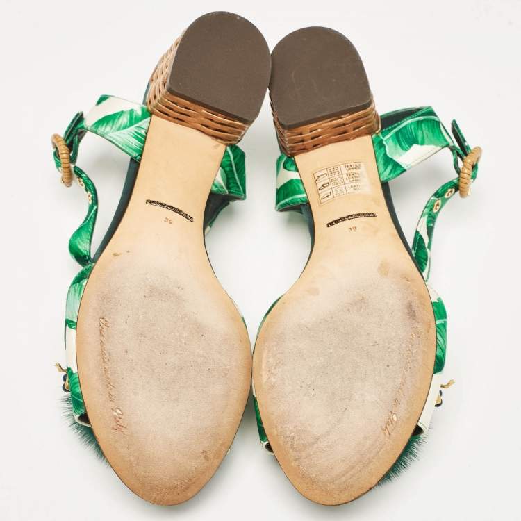 Pre Owned Dolce & Gabbana Green Satin and Fur Banana Embellished T-Strap Sandals Size 39
