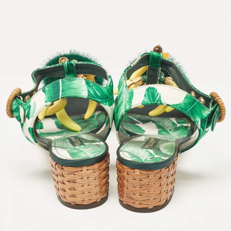 Pre Owned Dolce & Gabbana Green Satin and Fur Banana Embellished T-Strap Sandals Size 39