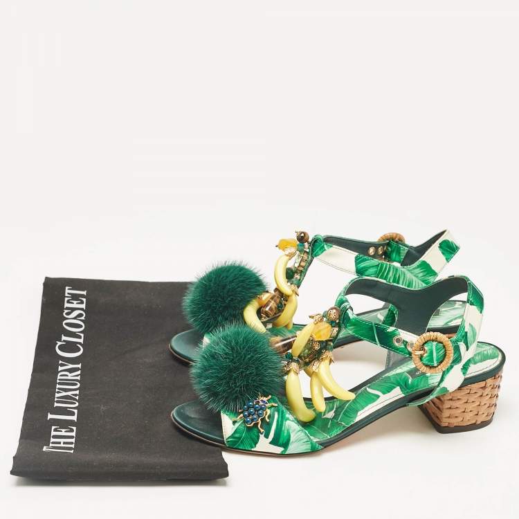 Pre Owned Dolce & Gabbana Green Satin and Fur Banana Embellished T-Strap Sandals Size 39