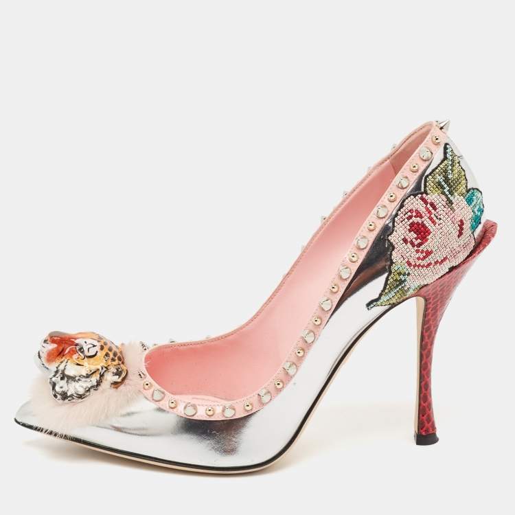 Pre Owned Dolce & Gabbana Silver Fur and Leather Tiger Embellished Pumps Size 38