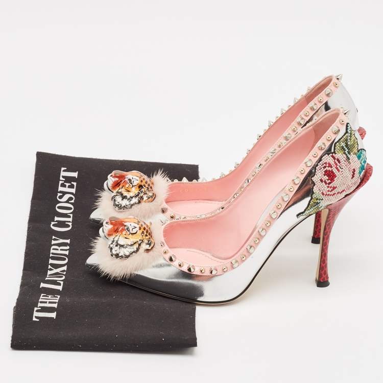 Pre Owned Dolce & Gabbana Silver Fur and Leather Tiger Embellished Pumps Size 38