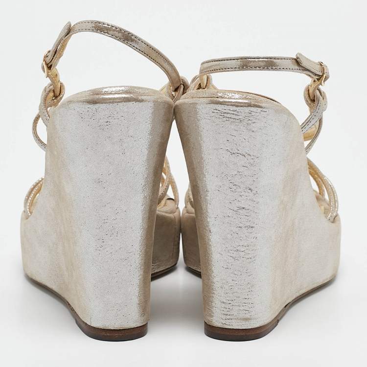 Pre Owned Dolce & Gabbana Silver Nubuck Leather Strappy Wedge Sandals Size 38
