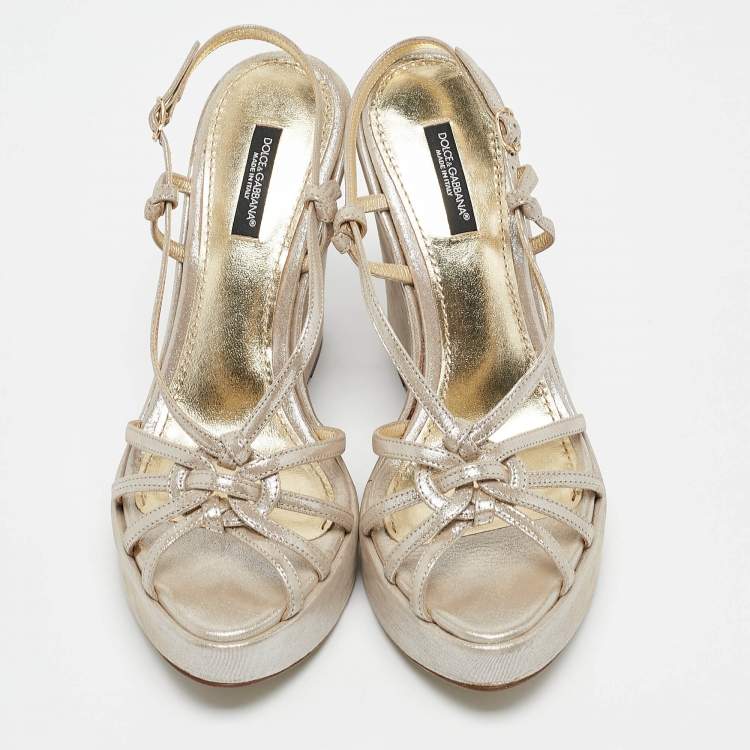 Pre Owned Dolce & Gabbana Silver Nubuck Leather Strappy Wedge Sandals Size 38