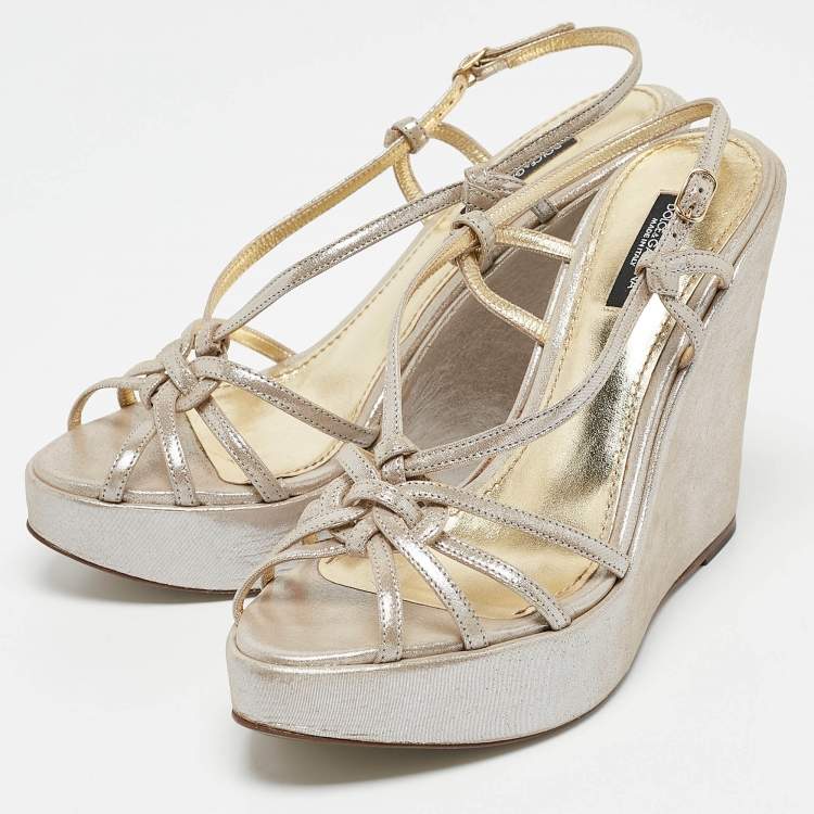 Pre Owned Dolce & Gabbana Silver Nubuck Leather Strappy Wedge Sandals Size 38
