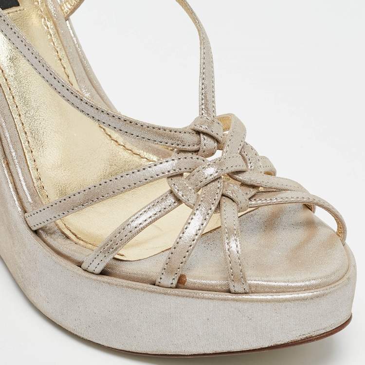 Pre Owned Dolce & Gabbana Silver Nubuck Leather Strappy Wedge Sandals Size 38
