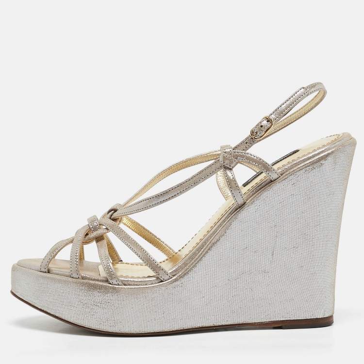 Pre Owned Dolce & Gabbana Silver Nubuck Leather Strappy Wedge Sandals Size 38