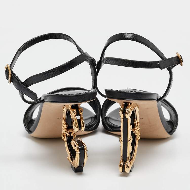 Pre Owned Dolce & Gabbana Black Leather and Lurex Keira DG Baroque Sandals Size 39