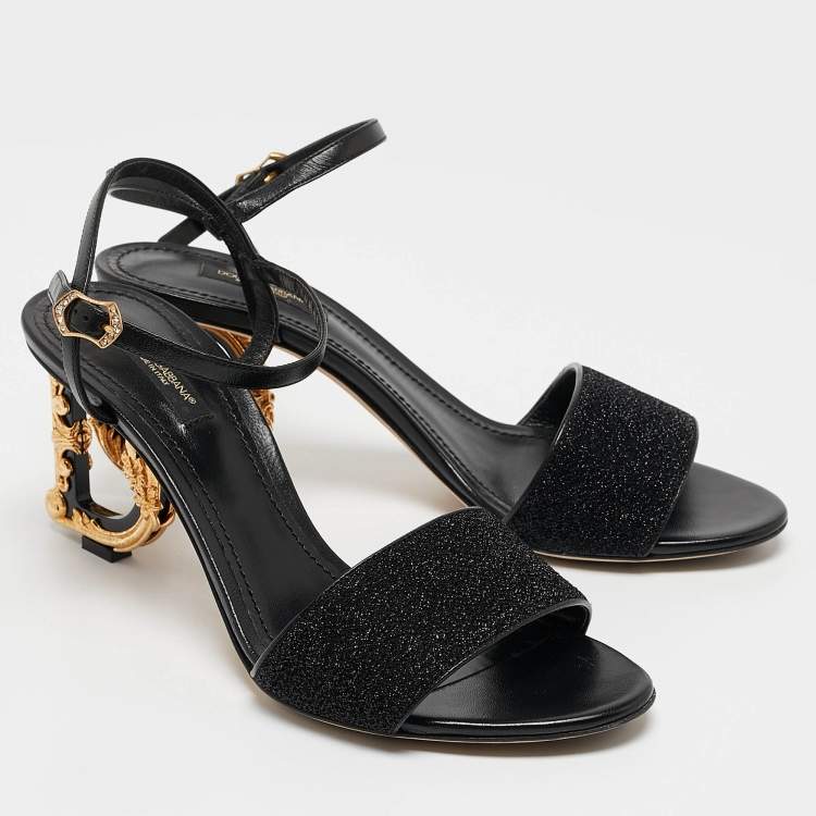 Pre Owned Dolce & Gabbana Black Leather and Lurex Keira DG Baroque Sandals Size 39