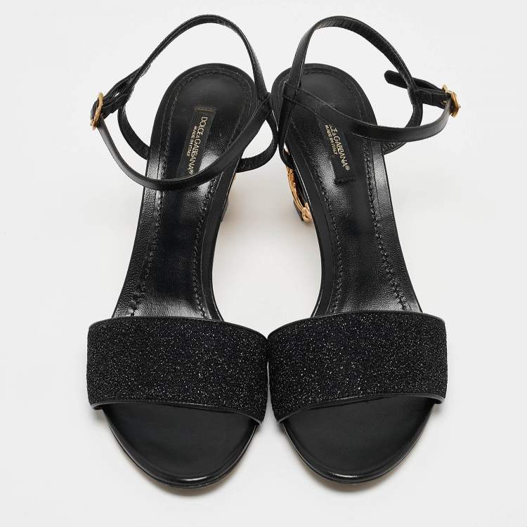 Pre Owned Dolce & Gabbana Black Leather and Lurex Keira DG Baroque Sandals Size 39