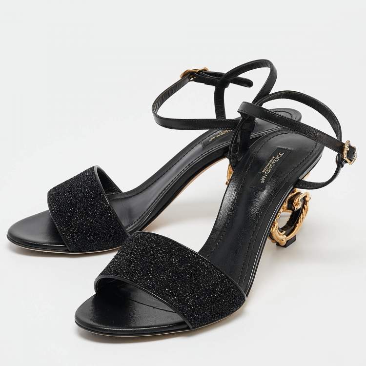 Pre Owned Dolce & Gabbana Black Leather and Lurex Keira DG Baroque Sandals Size 39