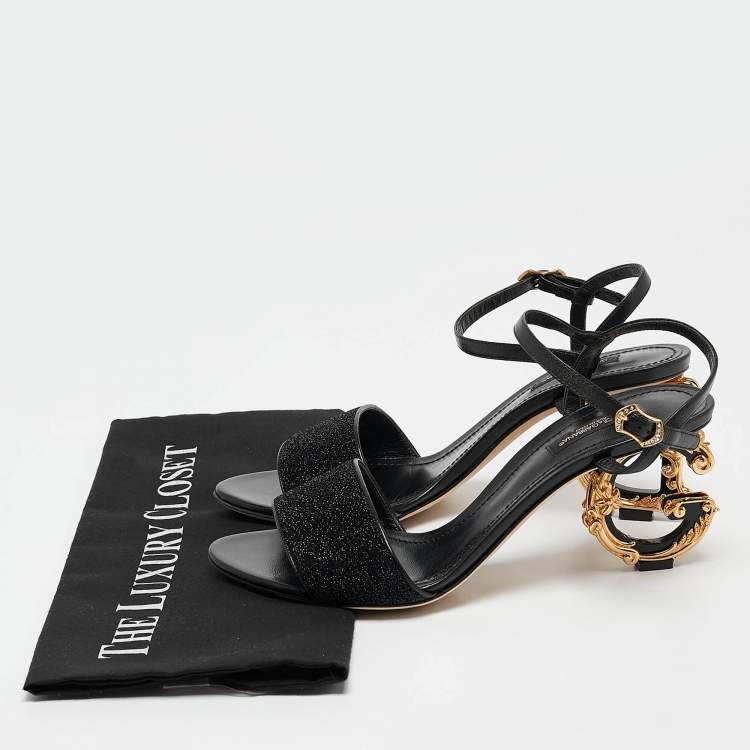Pre Owned Dolce & Gabbana Black Leather and Lurex Keira DG Baroque Sandals Size 39