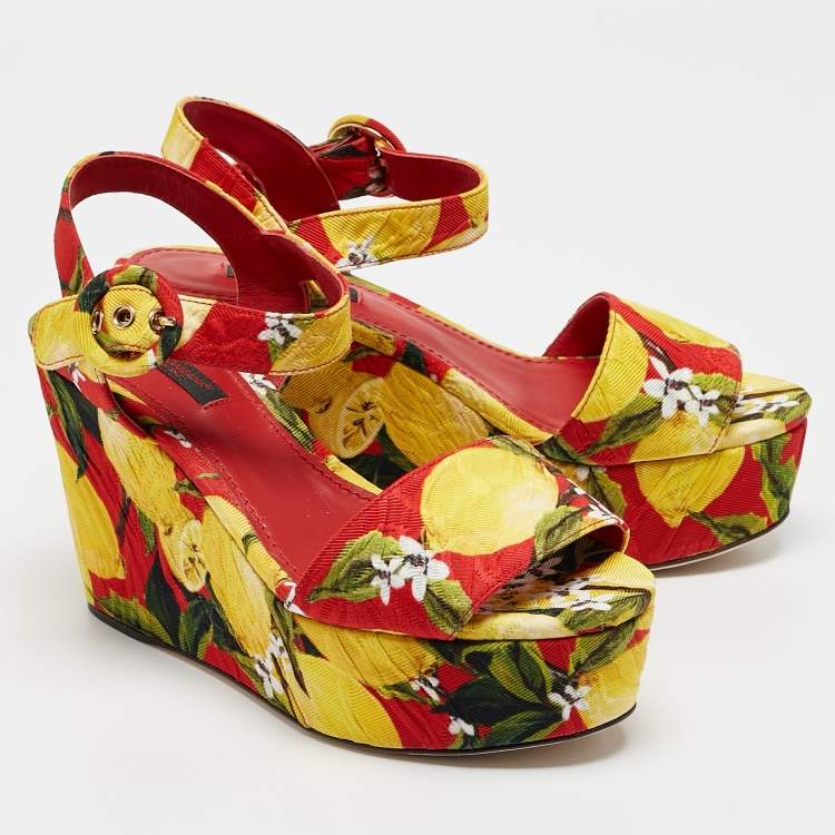 Pre Owned Dolce & Gabbana Multicolor Printed Fabric Ankle Strap Platform Wedge Sandals Size 35