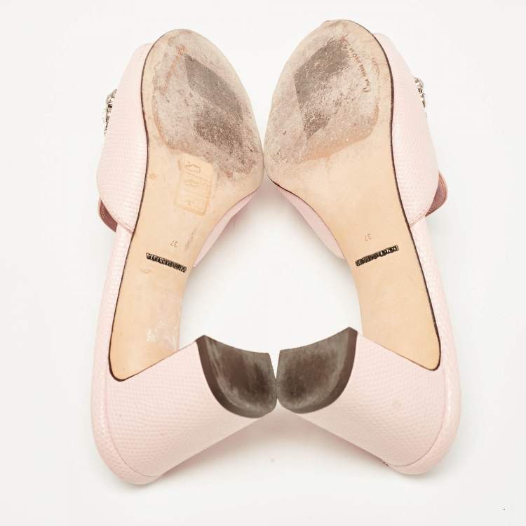 Pre Owned Dolce & Gabbana Pink Lizard Embossed Leather Crystal Embellished Slide Sandals Size 37