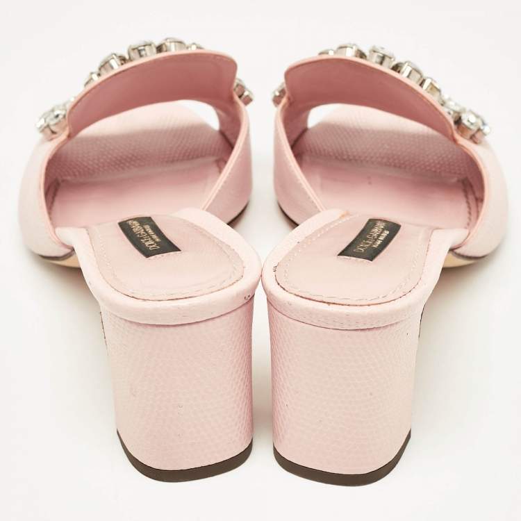 Pre Owned Dolce & Gabbana Pink Lizard Embossed Leather Crystal Embellished Slide Sandals Size 37