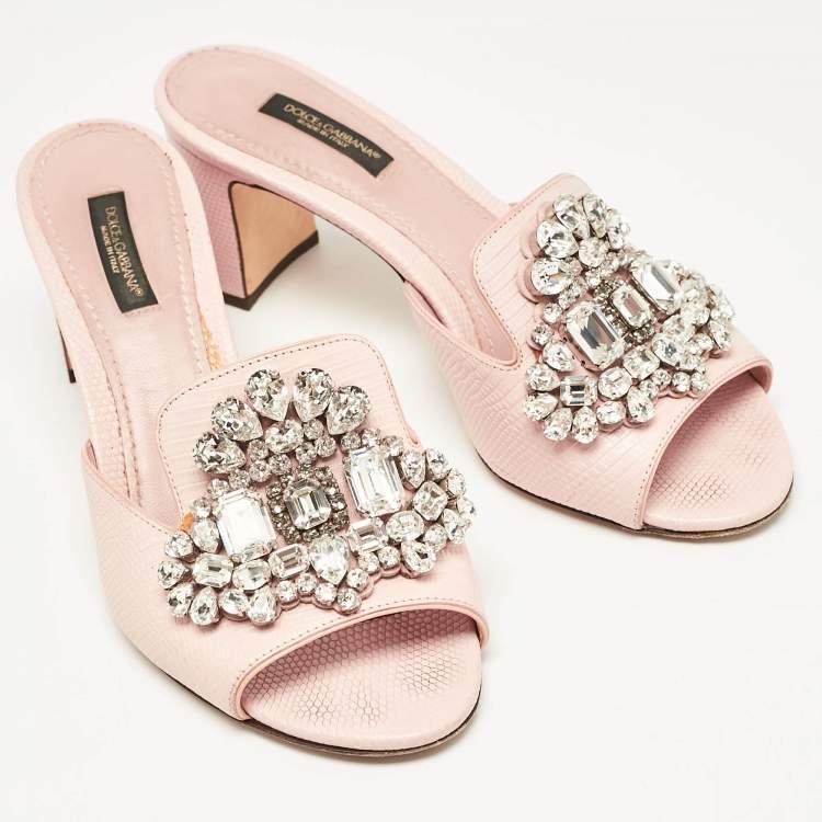 Pre Owned Dolce & Gabbana Pink Lizard Embossed Leather Crystal Embellished Slide Sandals Size 37