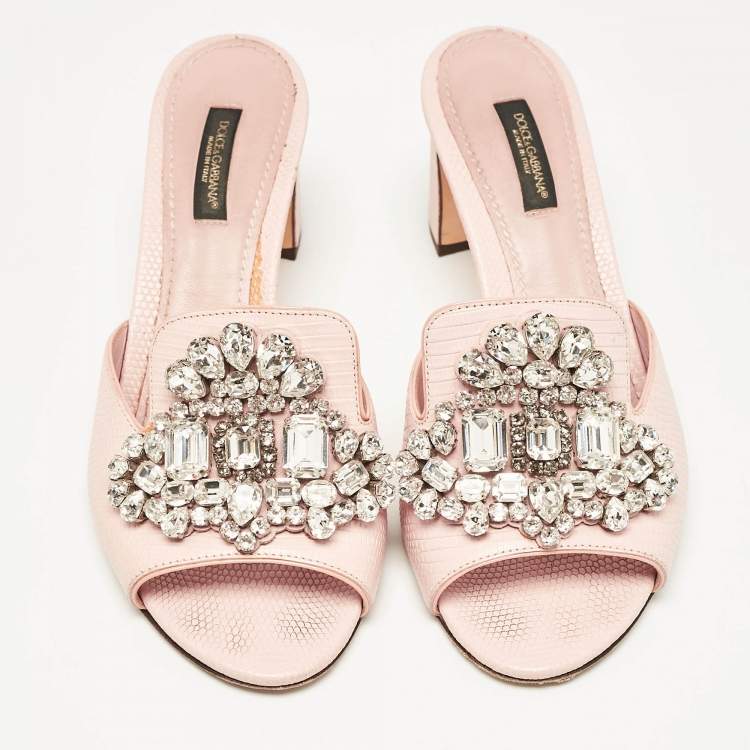 Pre Owned Dolce & Gabbana Pink Lizard Embossed Leather Crystal Embellished Slide Sandals Size 37