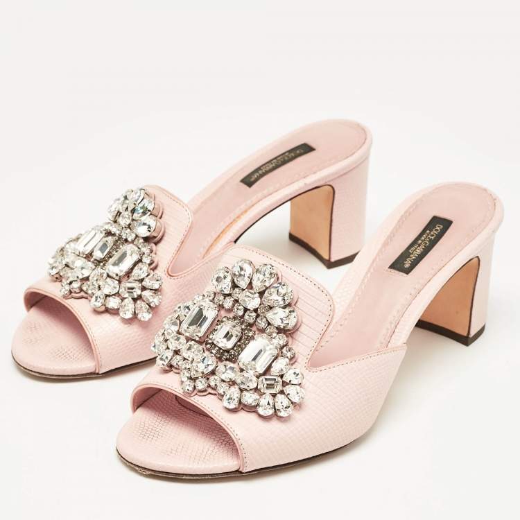 Pre Owned Dolce & Gabbana Pink Lizard Embossed Leather Crystal Embellished Slide Sandals Size 37