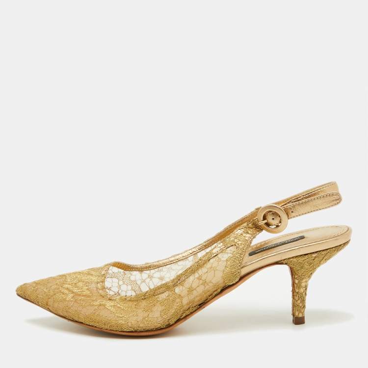 Pre Owned Dolce & Gabbana Gold Lace and Leather Slingback Pumps Size 39.5
