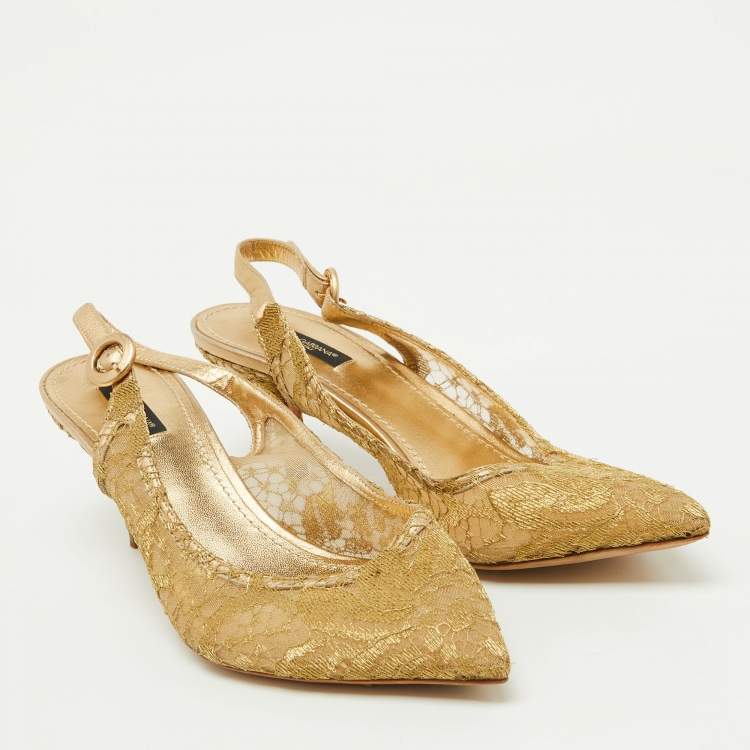 Pre Owned Dolce & Gabbana Gold Lace and Leather Slingback Pumps Size 39.5
