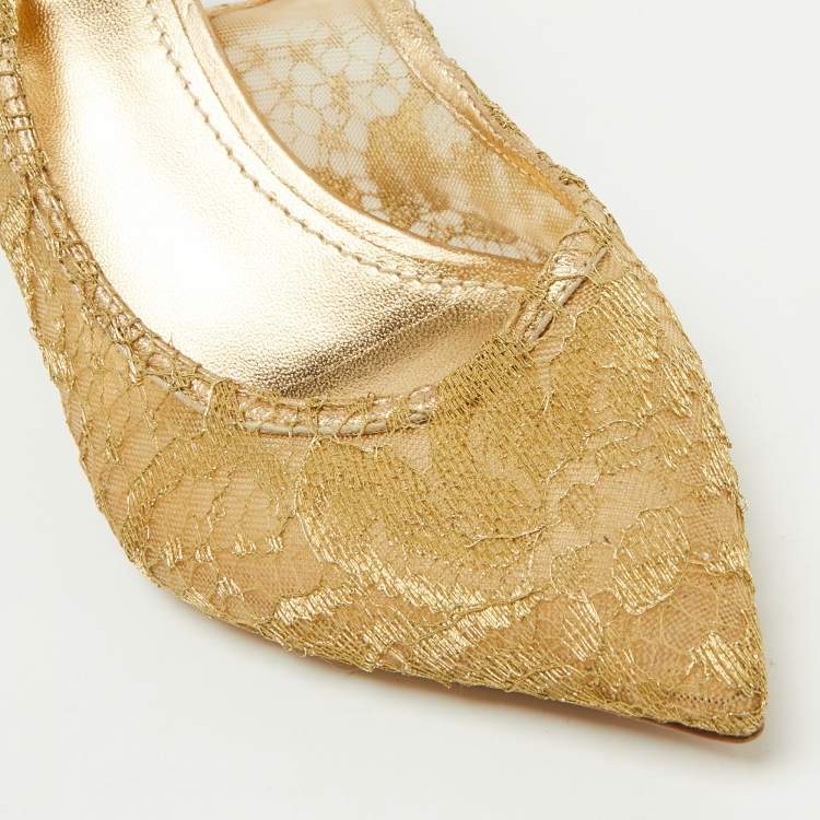 Pre Owned Dolce & Gabbana Gold Lace and Leather Slingback Pumps Size 39.5