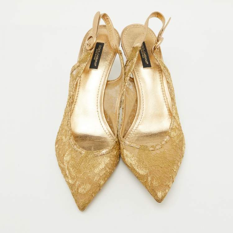 Pre Owned Dolce & Gabbana Gold Lace and Leather Slingback Pumps Size 39.5