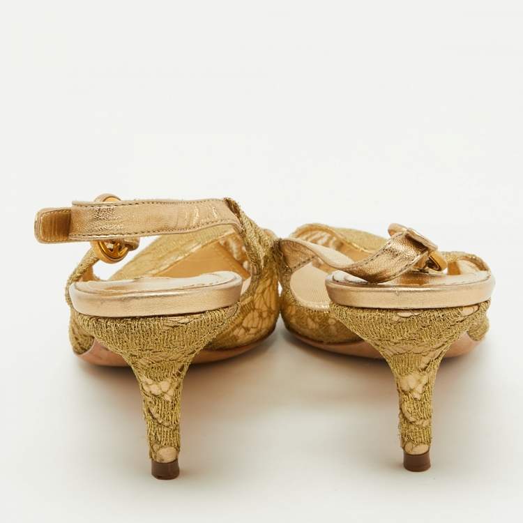Pre Owned Dolce & Gabbana Gold Lace and Leather Slingback Pumps Size 39.5