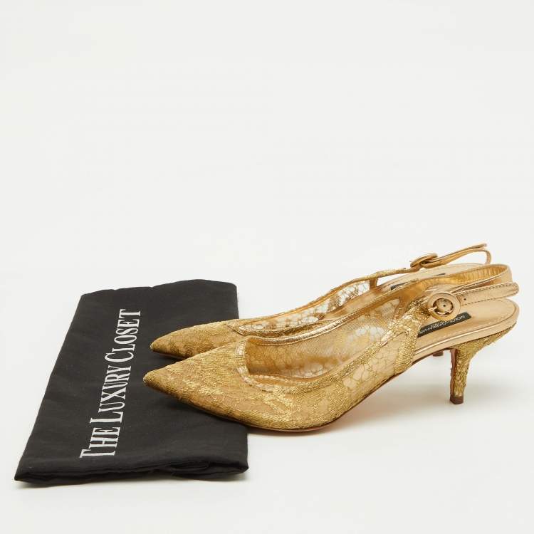Pre Owned Dolce & Gabbana Gold Lace and Leather Slingback Pumps Size 39.5