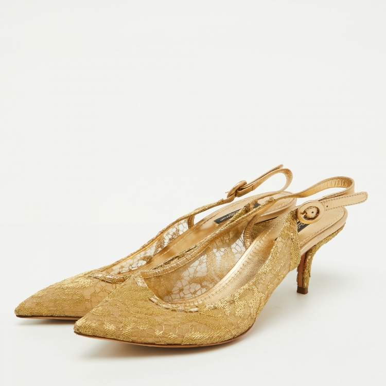 Pre Owned Dolce & Gabbana Gold Lace and Leather Slingback Pumps Size 39.5