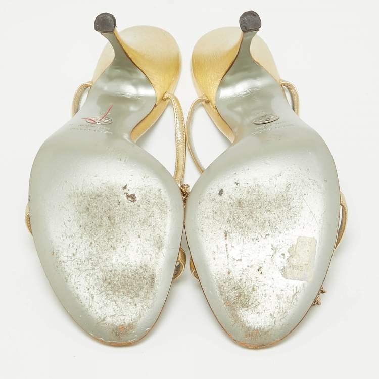 Pre Owned Dolce & Gabbana Metallic Gold Leather and Metal Ankle Strap Sandals Size 40
